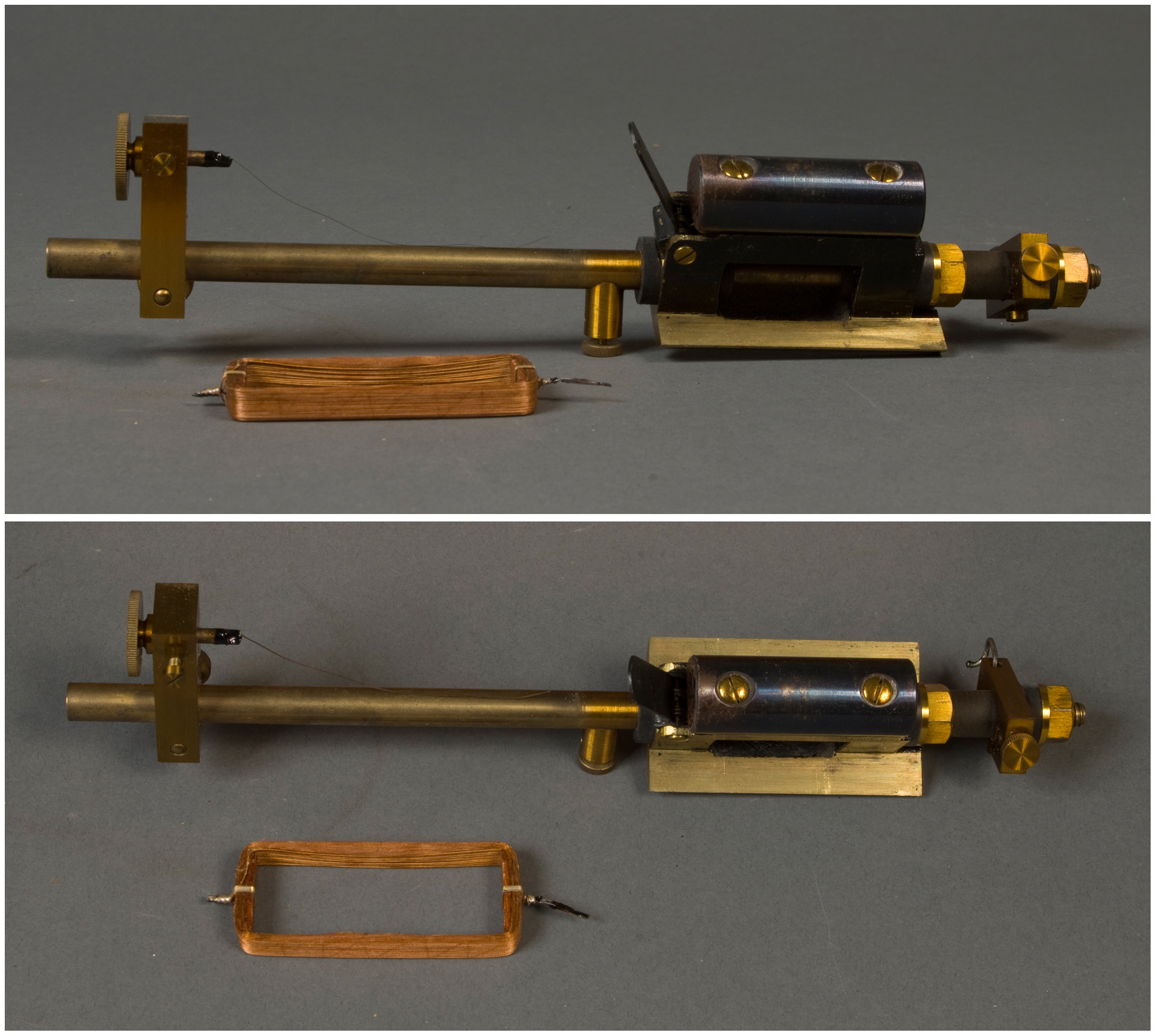 A brass rod with a back box mounted to a brass plate on one end and a thin brass plate stuck perpendicularly to the rod on the other. There is a lever on the black box and an unattached rectangular coil of copper wire resting next to the device. 
