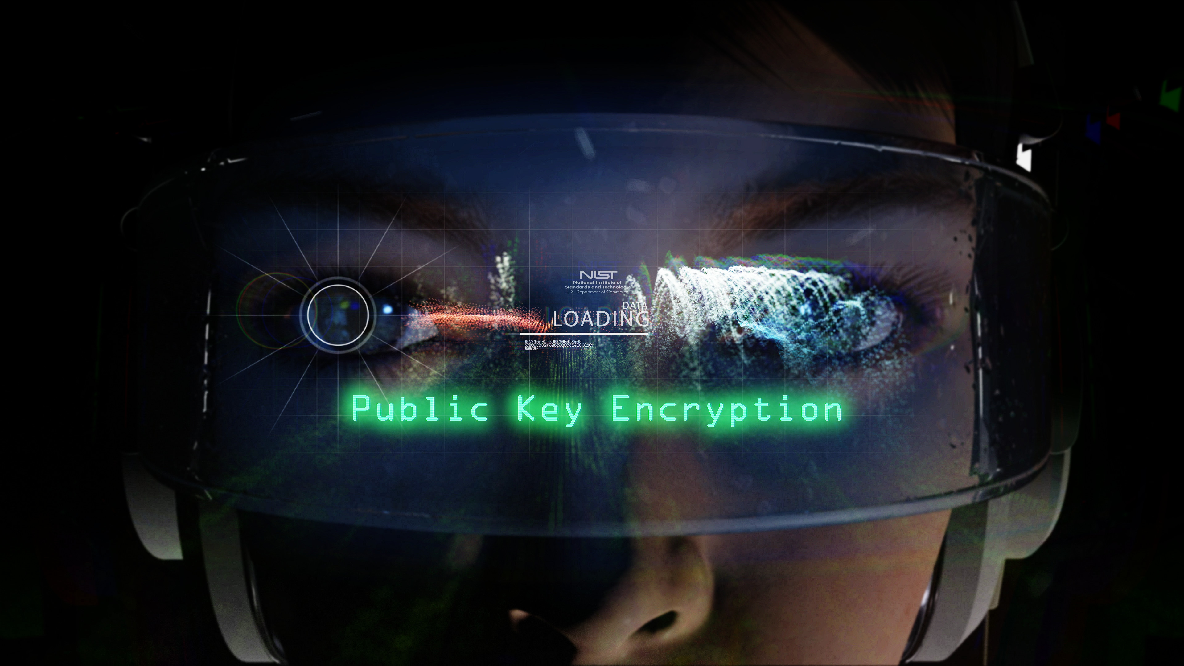 illustration for post quantum encryption that includes a woman's face, NIST logo and the words Public Key Encryption