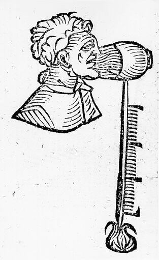 Drawing of a person breathing into one of Santorio's thermoscope