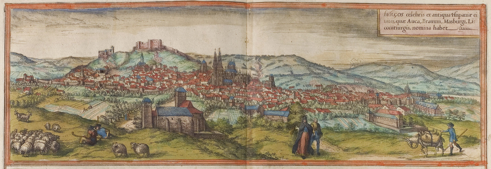 A colored drawing of the city of Burgos, Spain, around 1572. There are shepherds, nobleman, and a trader in the foreground. A cathedral dominates the city center, and there is a castle on the hill in the background. 