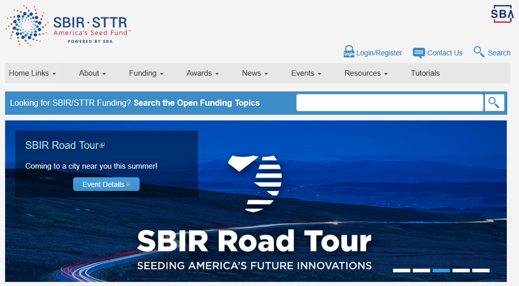 Screen capture of the international SBIR / STTR website