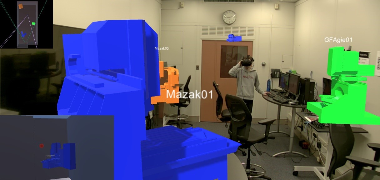 researcher in a NIST lab wearing an augmented reality headset. What the researcher sees, virtual representations of manufacturing machines, is visible. 