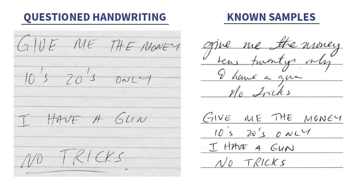 Composite photo shows a holdup note on the left labeled "Questioned Handwriting," with two "Known Samples" on the right.