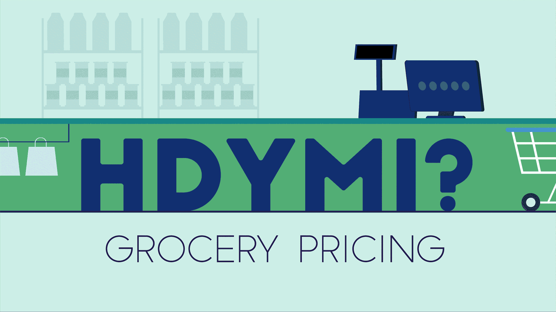 Animated illustration shows grocery items like meat, broccoli and bananas moving on the checkout belt with the words "HDYMI? Grocery Pricing."