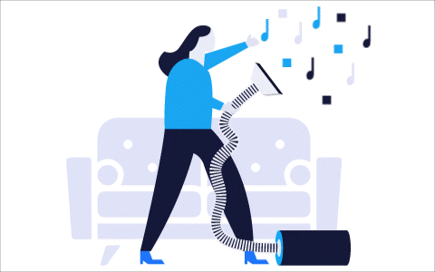 Animated illustration shows a person vacuuming while playing air guitar.
