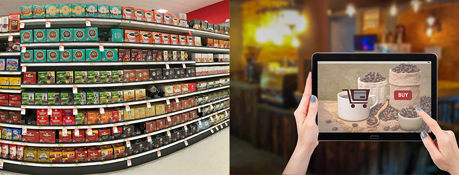 Two photos: grocery store shelves packed with coffee products; a tablet showing an online store for coffee. 