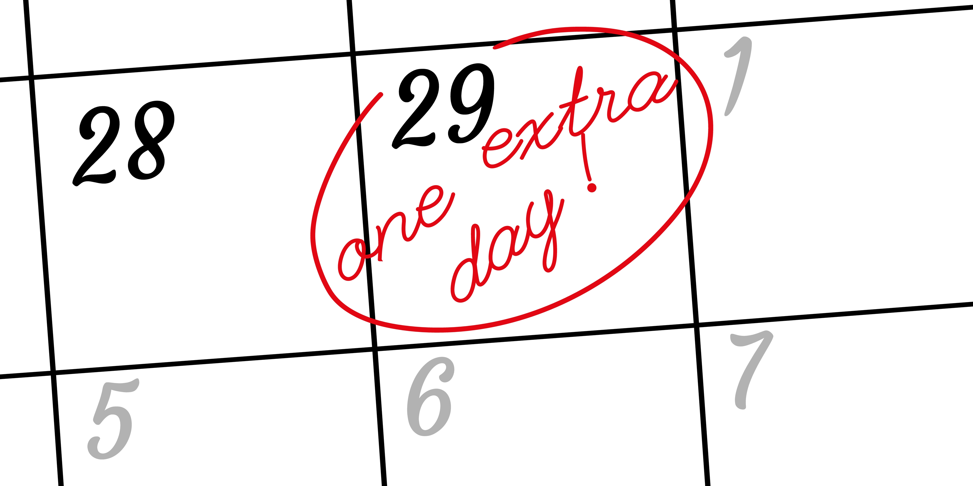 On a calendar, the date 29 is circled, and handwriting says: one extra day!
