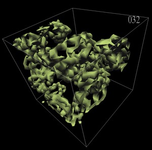 Cement Hydration Visualization: Isosurface of CSH phase at timestep 32.