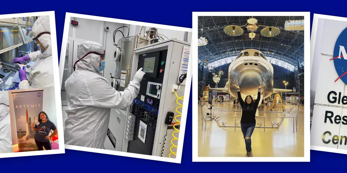 Gallery of four images show Shamir Maldonado-Rivera working in coveralls in a clean room and then posing happily in front of the NASA logo.