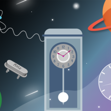 Illustration shows a grandfather clock floating in outer space surrounded by an atom, a planet, an electronic device. 