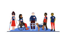 A drawing shows five people with various disabilities gathered together after voting. 