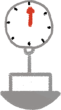 Drawing of a scale with a dial on top and a basket hanging below.