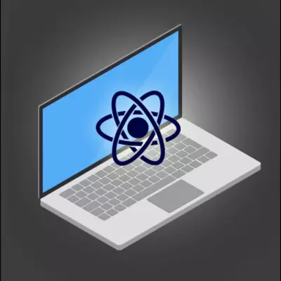 graphic of a laptop with an atom hovering above the keyboard
