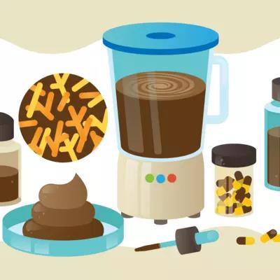 Illustration shows blender with brown material alongside vials of brown liquid and pills, and a petri dish holding poop. 