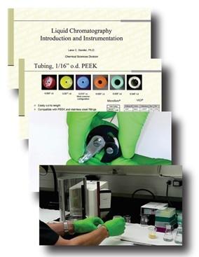 Montage of overlayed photographs showing PowerPoint images and photographs of laboratory operations.