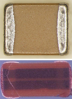 3-millimeter-long capacitors (top photo), NASA photo showing cracks(bottom)