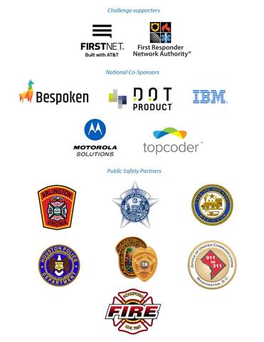 This image shows logos for FirstNet Built with AT&T, First Responder Network Authority, Bespoken, DOT Product, IBM, Motorola Solutions, Topcoder, Arlington Fire, Chicago Policy, City of Houston, Houston Police, Miami Police, Office of United Communications, and RockFord Fire