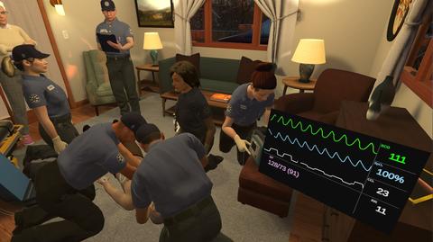 This image shows virtual first responders around a virtual patient in a virtual living room.