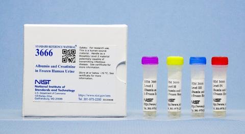 Photograph of SRM 3666 Albumin and Creatinine in Frozen Human Urine showing labeled box and frozen vials with four levels.