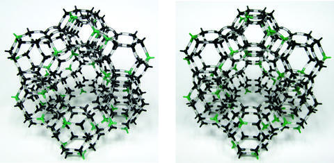 Side by side photographs of a physical zeolite model for 3D viewing.