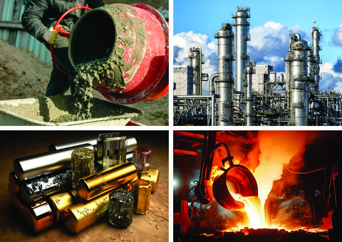 Photomontage showing concrete mixing, an oil refinery, steel production, and metal ingots. 