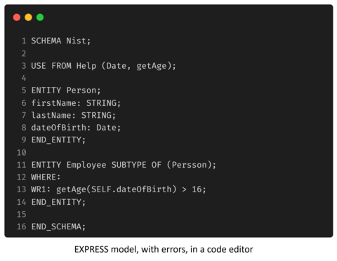 EXPRESS model, with errors, in a code editor