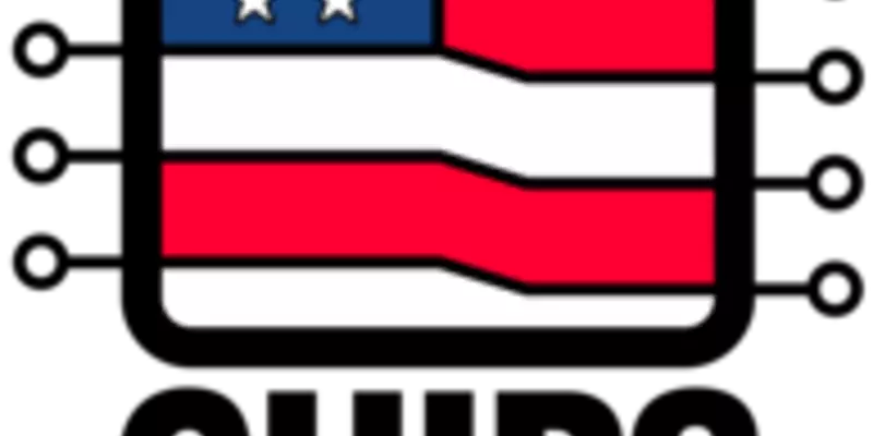 Square with rounded edges. Fill of square looks like American flag. Coming off the sides of the square are lines with unfilled circles at end. Words underneath: CHIPS for AMERICA