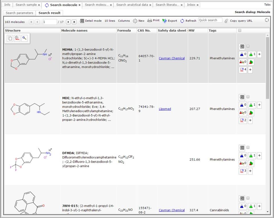 Screen capture showing results from the NPS data hub that include chemical structures, names, formulas, CAS numbers, link to safety data sheet, molecular weight, tags, and links to additional information. 