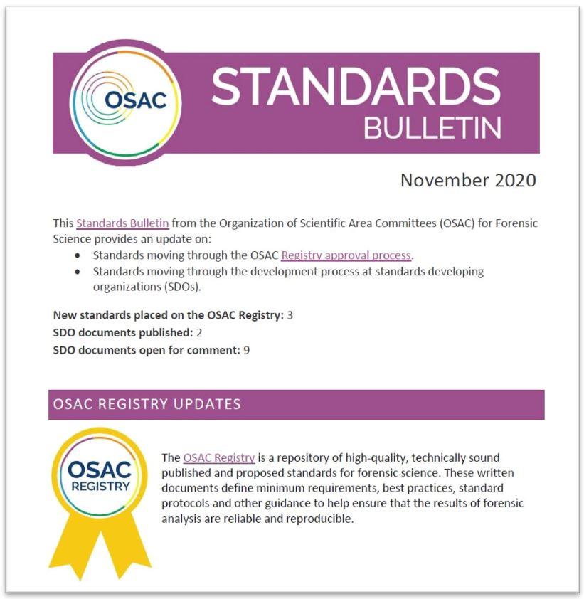 Cover of the November 2020 OSAC Standards Bulletin