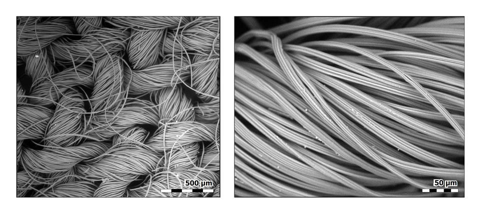 Two images: woven rayon fibers on left, close-up of one rayon fiber on right. vvvv