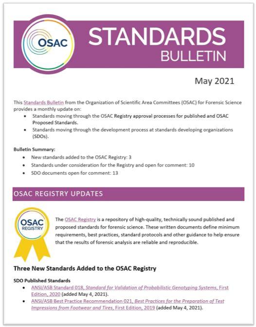 OSAC Standards Bulletin cover for May 2021