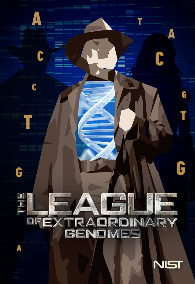 Parody movie poster says "The League of Extraordinary Genomes" with a male figure with strands of DNA inside him and the letters A, C, G, T floating around.