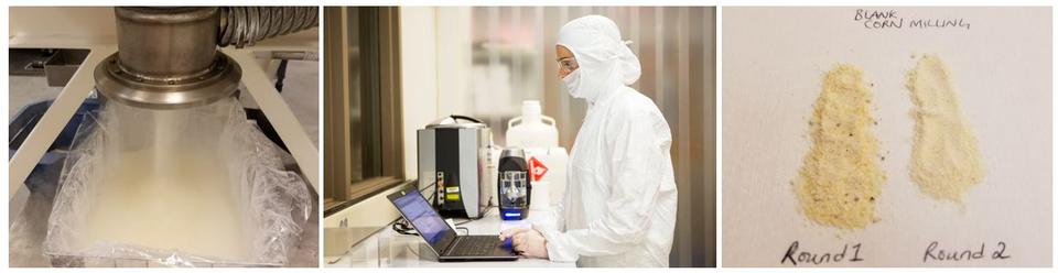 Three photographs showing cryogenic apparatus, a suited researcher at a computer, and ground corn samples. 
