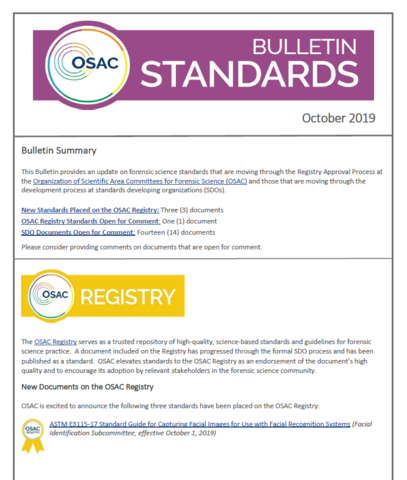 Cover of OSAC Standards Bulletin October 2019