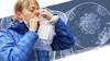 Photograph of woman exhaling breath into medical collection device with background illustration of COVID-19 virus