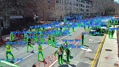 This image shows people running on a road with a technology overlay showing video object detection.