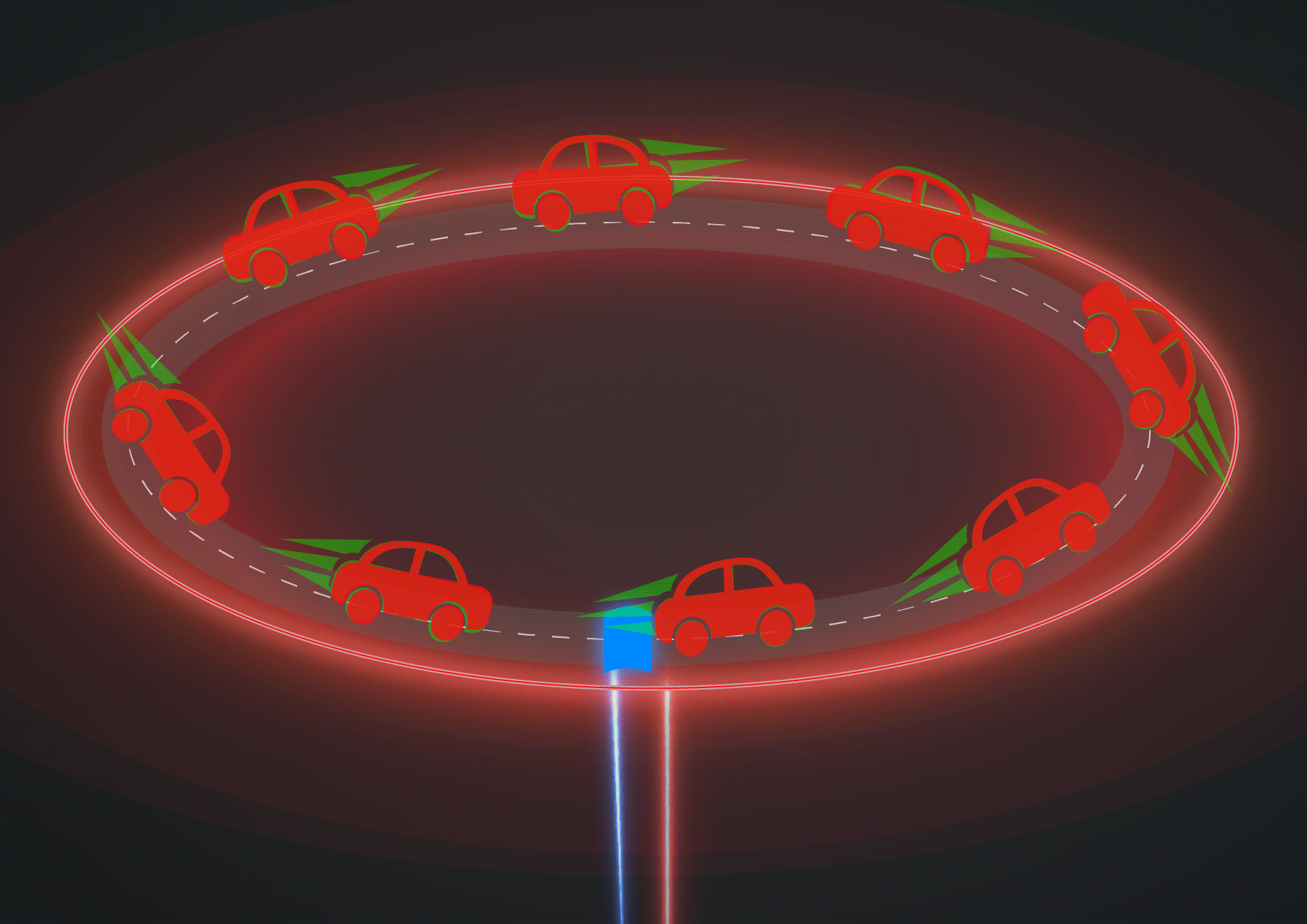 This artist’s conception imagines the proposed ring of atoms as cars on a beltway. 