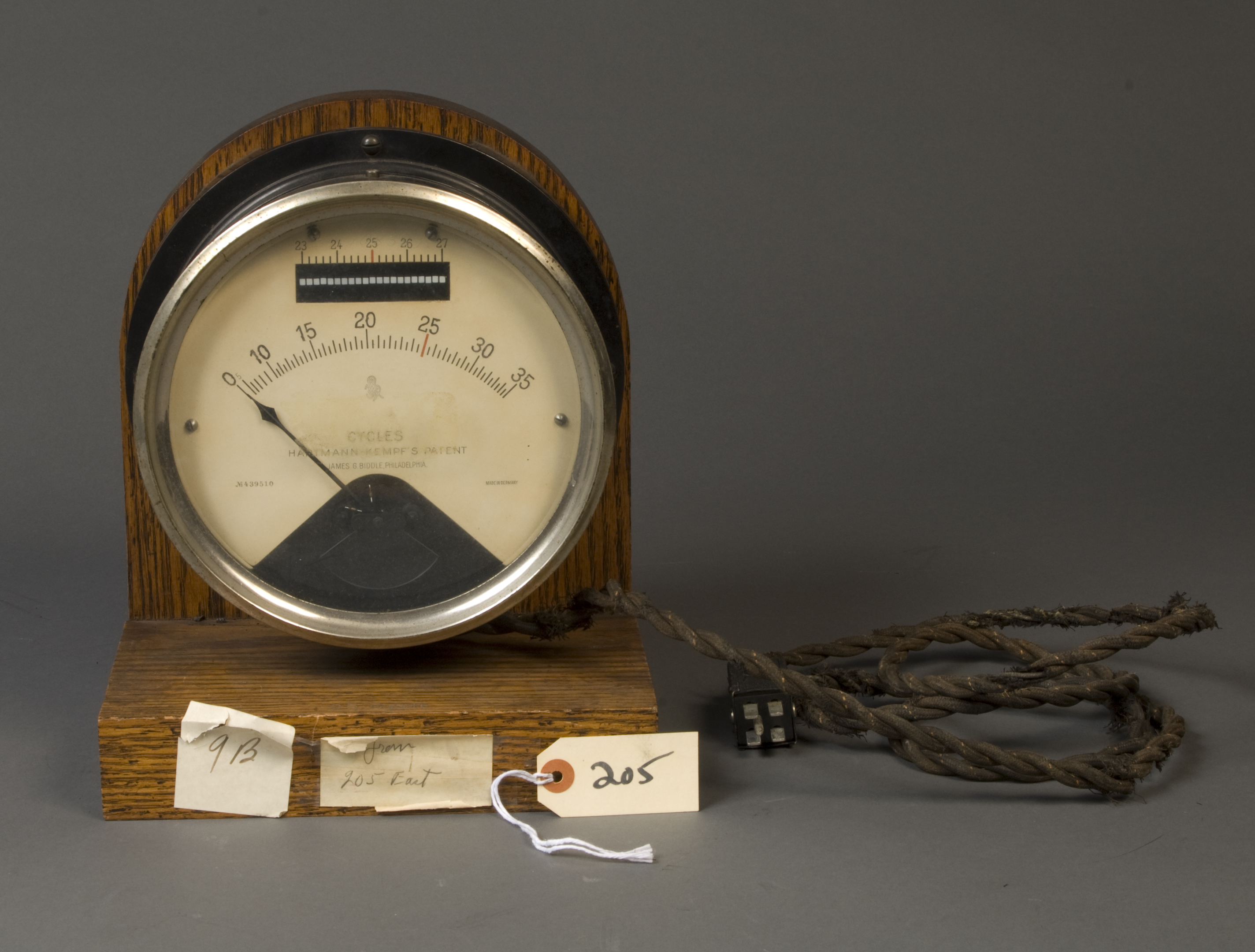 A wood-framed circular face with a line gauge reading from 0 to 35 in 1/2 increments with a red line at 25. Another gauge above goes from 23 to 27, also with a red line at 25. Words read "cycles," Hartmann-Kempf’s Patent" and James G. Biddle Philadelphia.