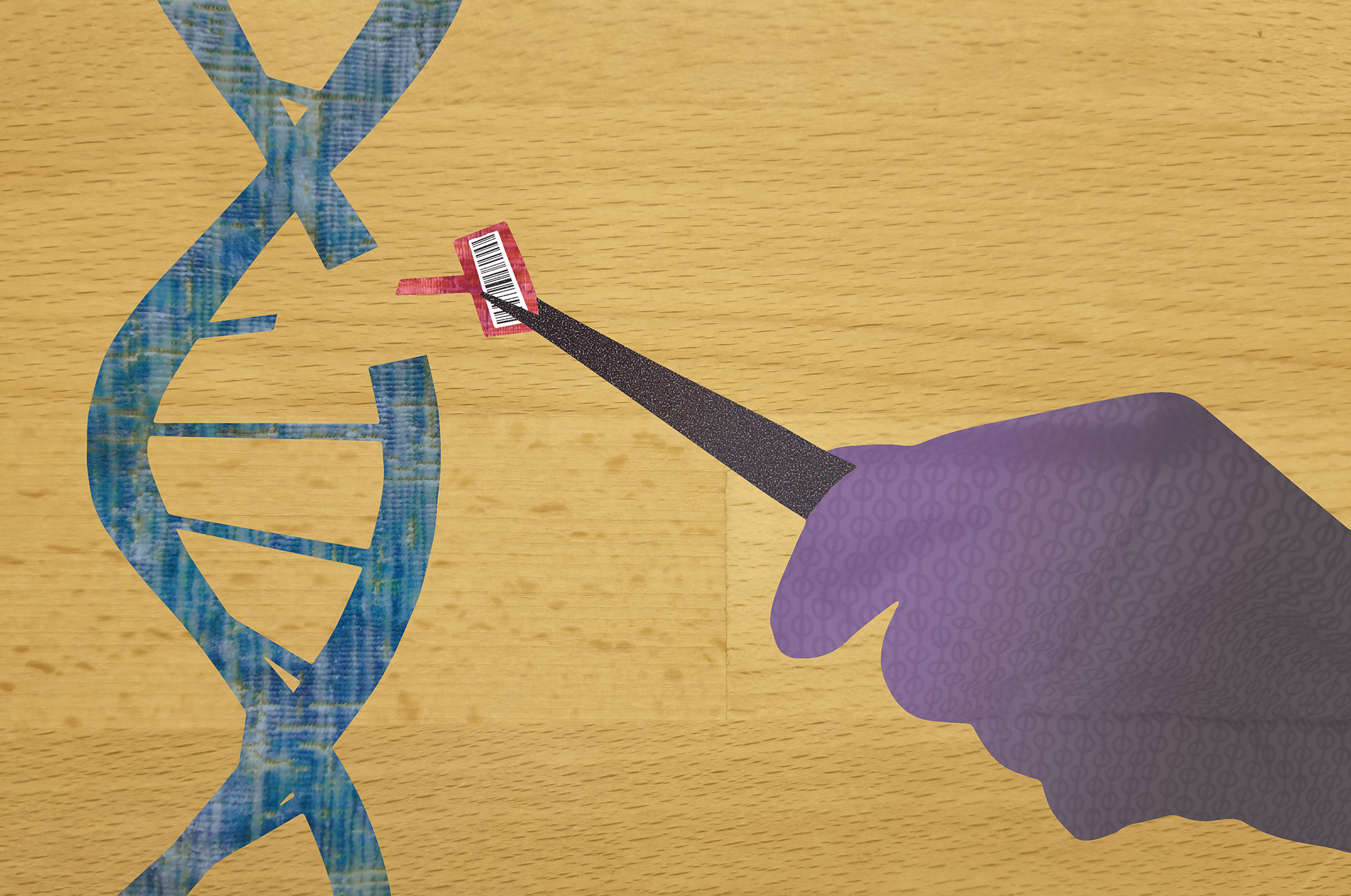 Artwork shows a hand with tweezers inserting a piece of DNA in a larger strand. The smaller piece has a black and white barcode attached.
