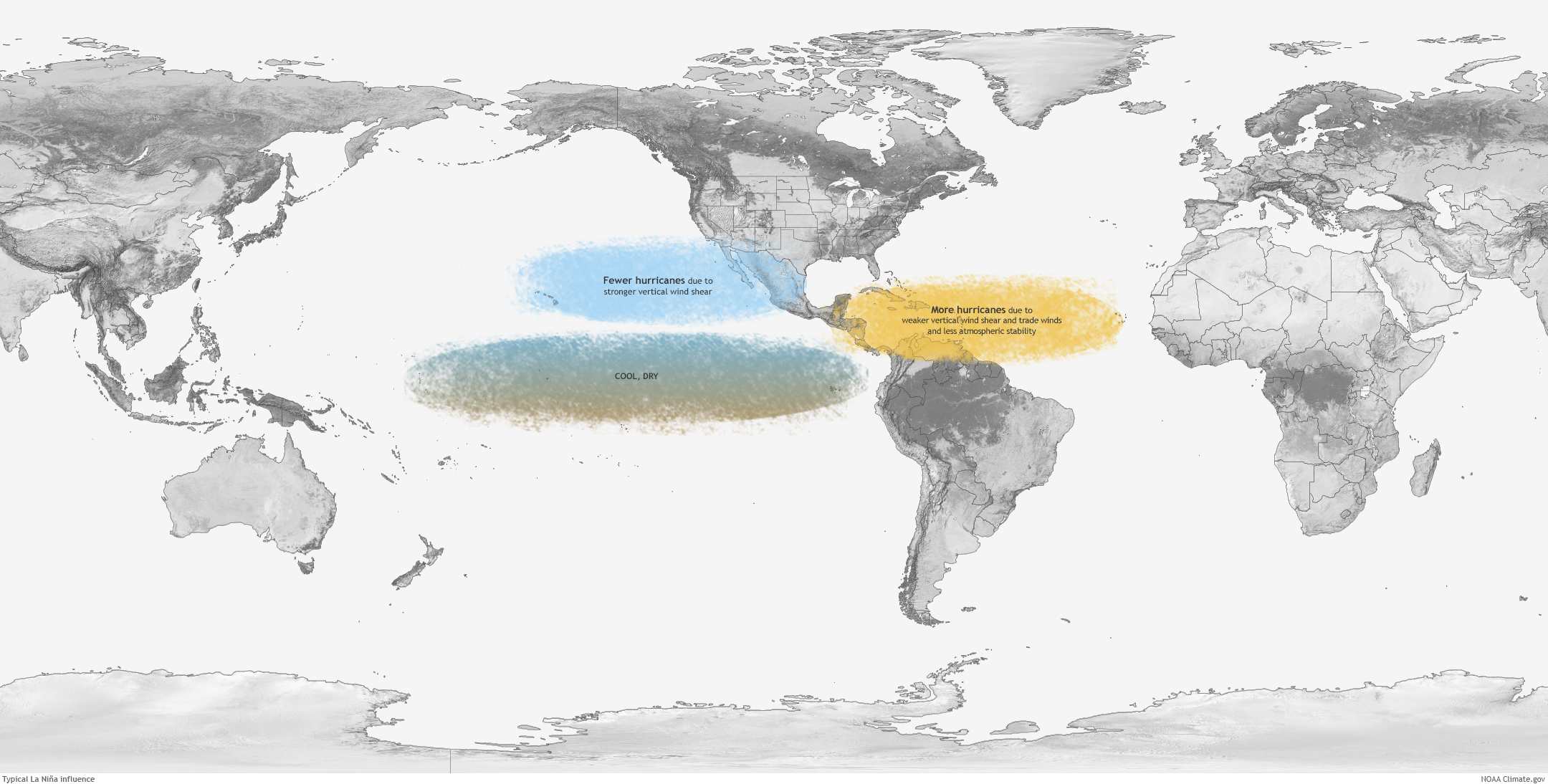Graphic shows how weakened trade winds make for colder ocean waters off the US and Mexican Pacific Coast, which drives hurricane production in the Gulf of Mexico