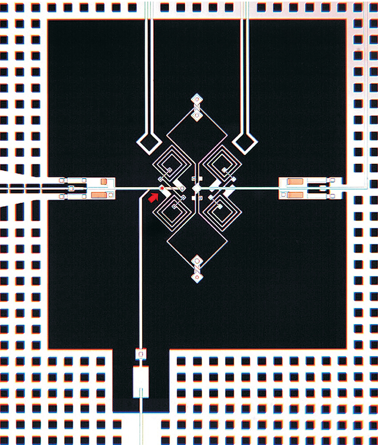 a schematic of an artificial atom. A red arrow to the bottom left points at a Josephson junction that serves as a quantum bit, or qubit.