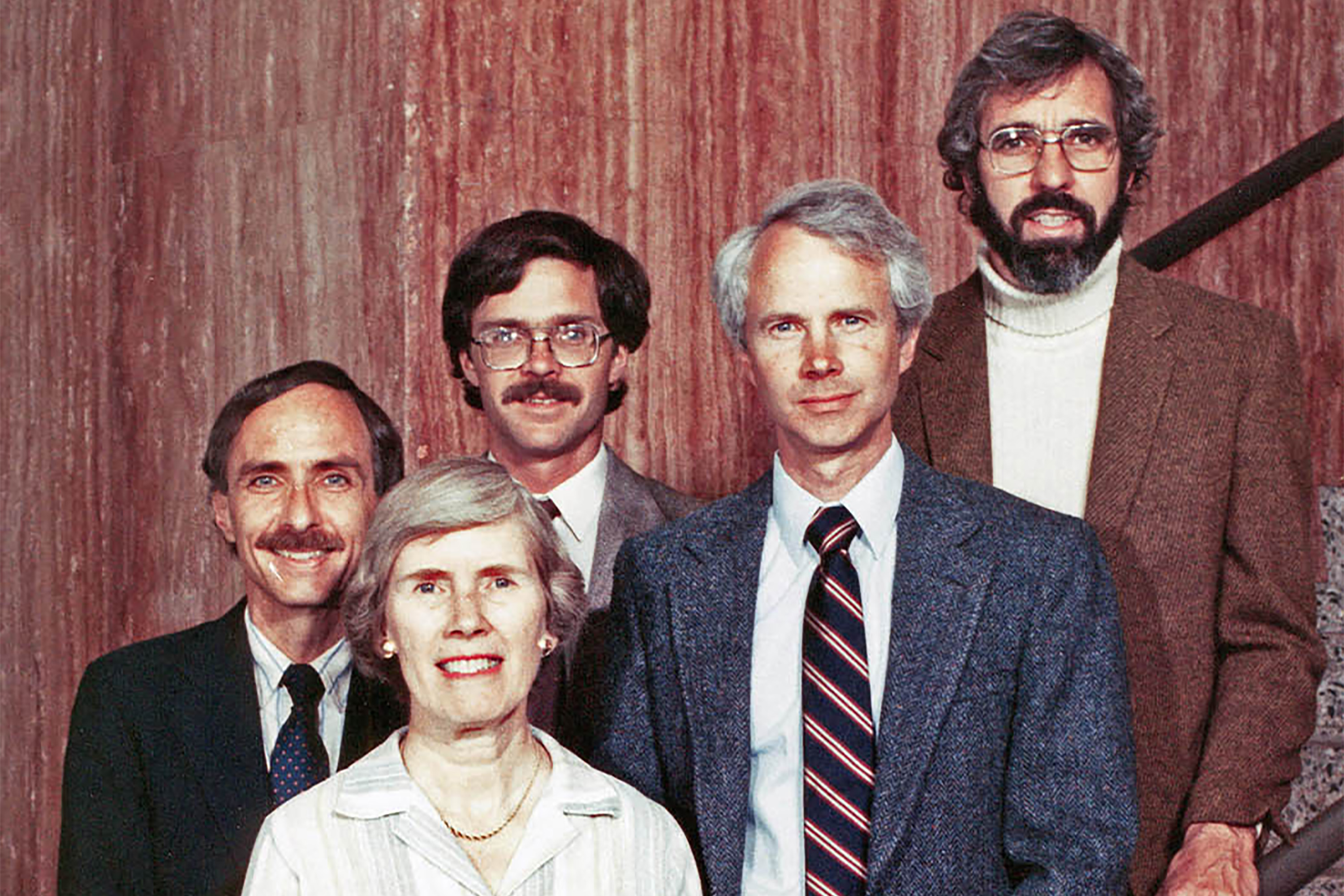 portrait of Gold Medal winners Richard Harris, Frances Lloyd, Jim Beall, Clark Hamilton and Richard Kautz