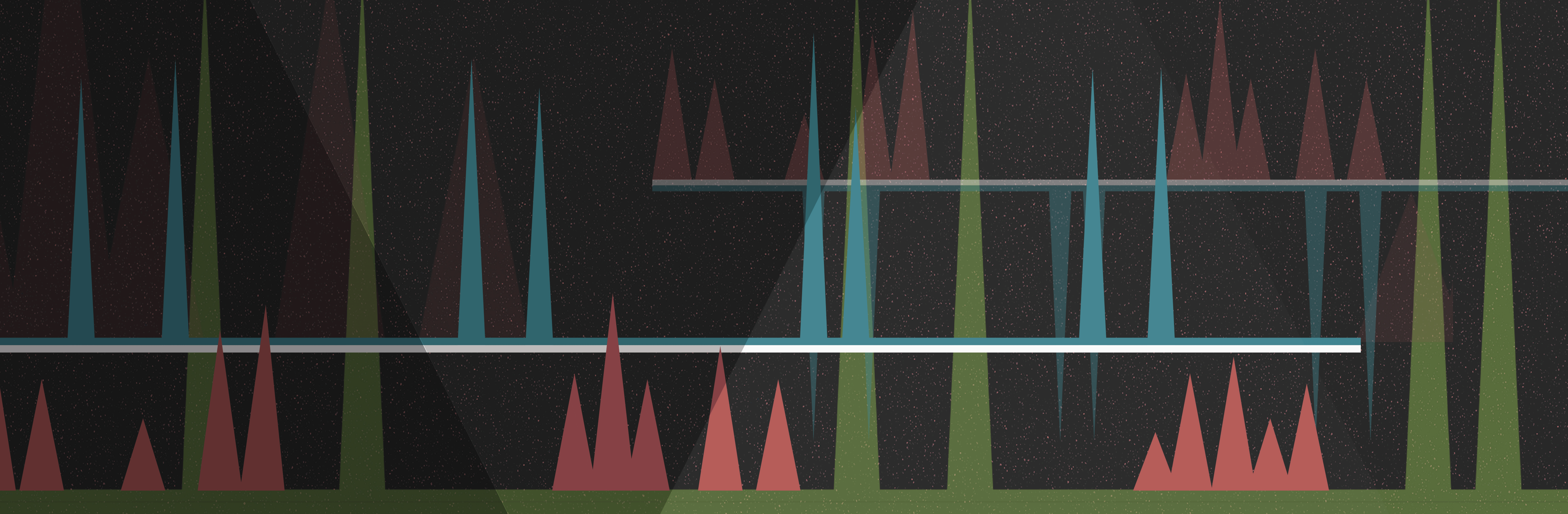 Overlapping, multicolored spikes on a black background that are abstract representations of peaks on a chart.