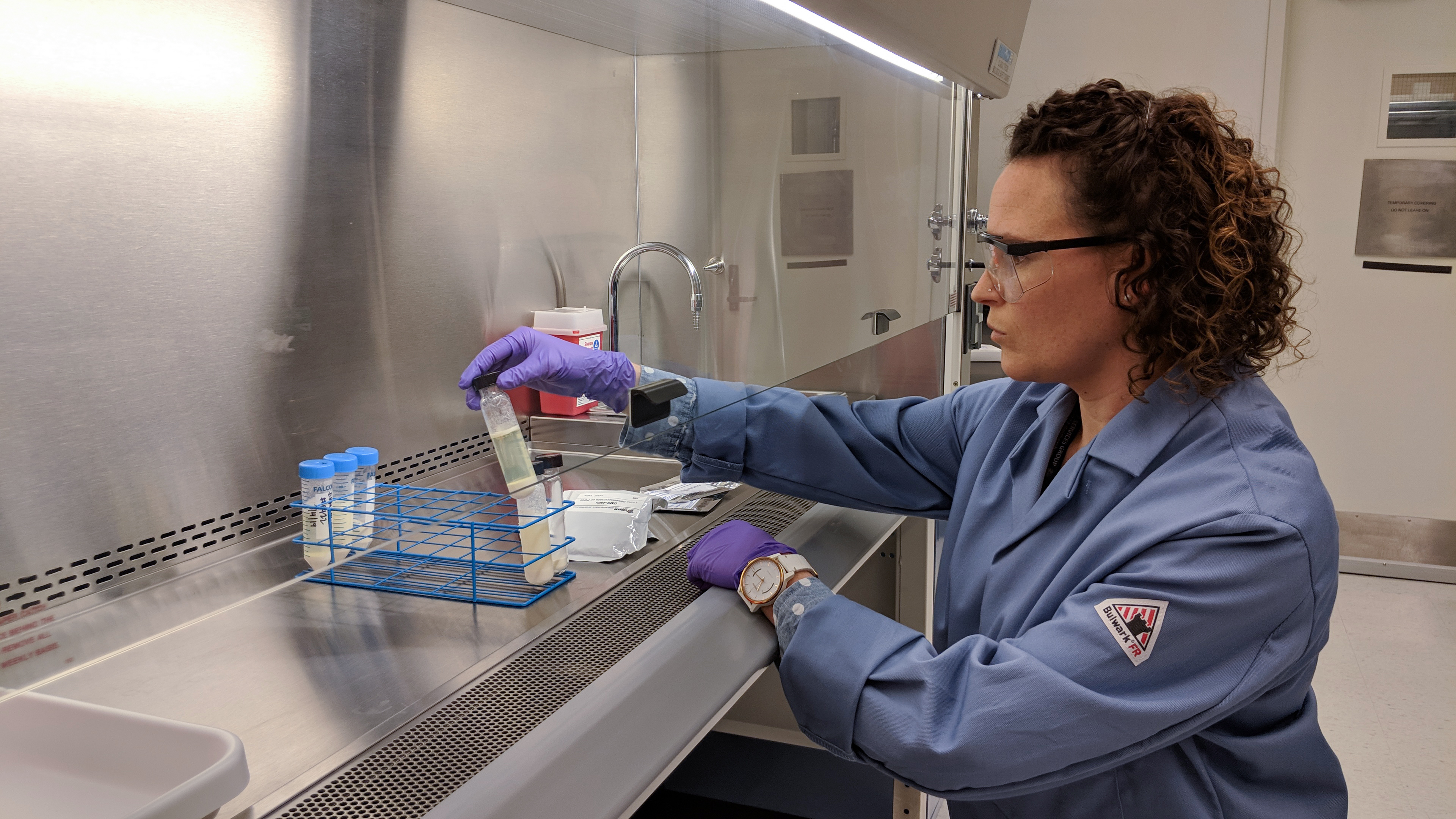 scientist works with a milk powder underneath a fume hood