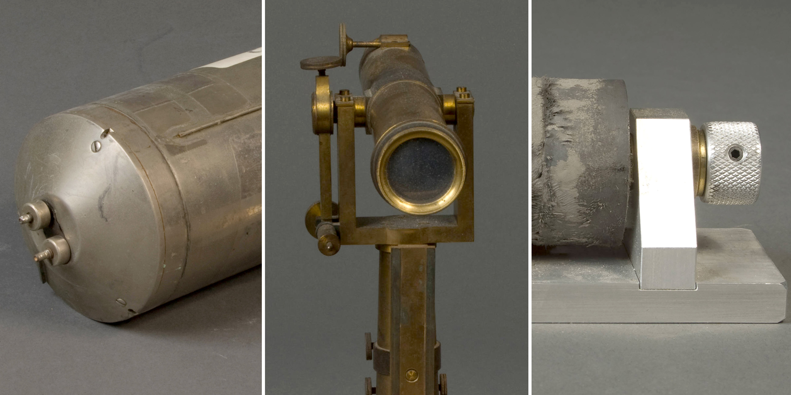 from left to right, a a metal cylinder, a telescope, and a device with rubber bushings on a spindle