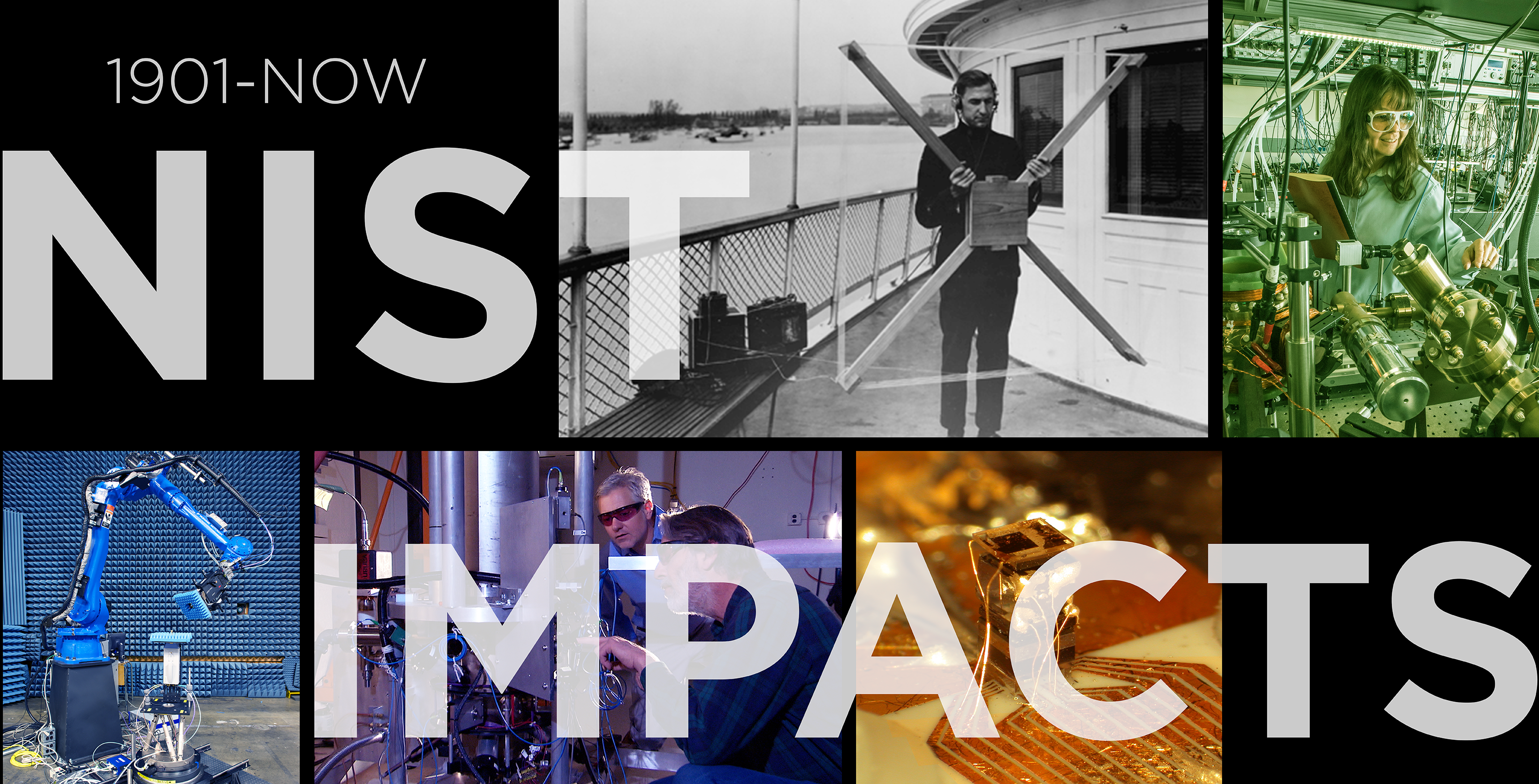 Text: 1901-Now NIST Impacts. Top row: man with old antenna (B&W), woman at laser table // bottom row: antenna, men at atomic clock, chip scale atomic clock