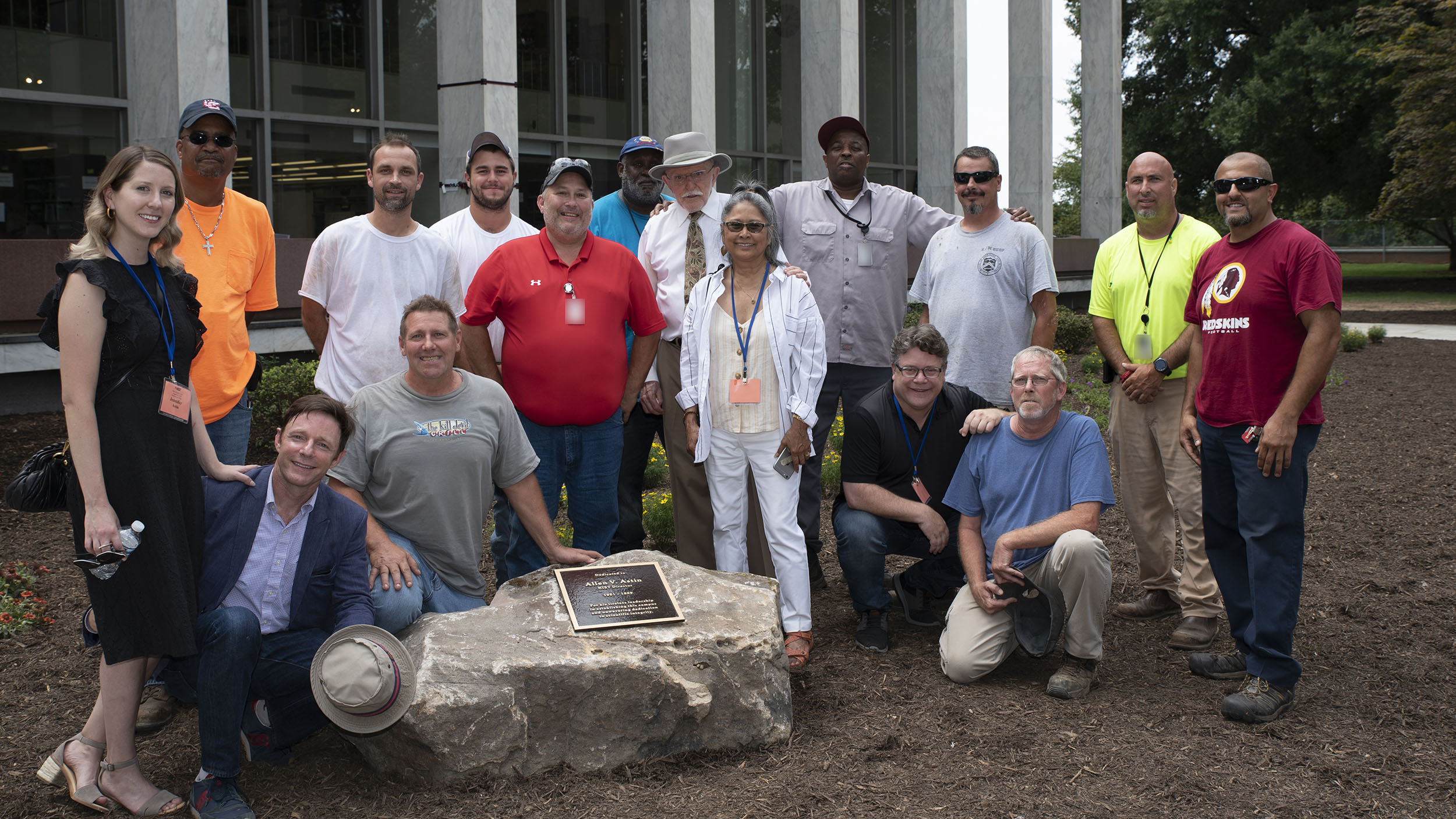 The Astins and the NIST grounds crew who constructed the Astin Garden. Pictured, left to right, are: Jennifer Astin, John Miller, Mackenzie Astin, John Hagan, Carey Clark, Jack Messner, Alteration and Maintenance Group Leader Robert Mathews, Nathaniel Brown, John Astin, Valerie Astin, Gregory Frazier, Sean Astin, John Murray, supervisory gardener Patrick Murphy, Joshua Jarrell and Rabie Abdel-Halim. Not pictured: Arthur Colemon.