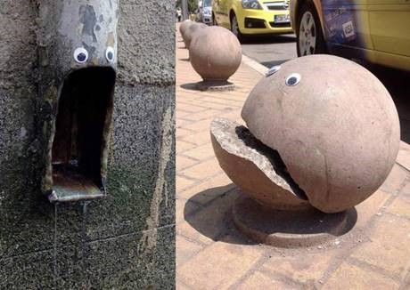 googly eyes on objects in street