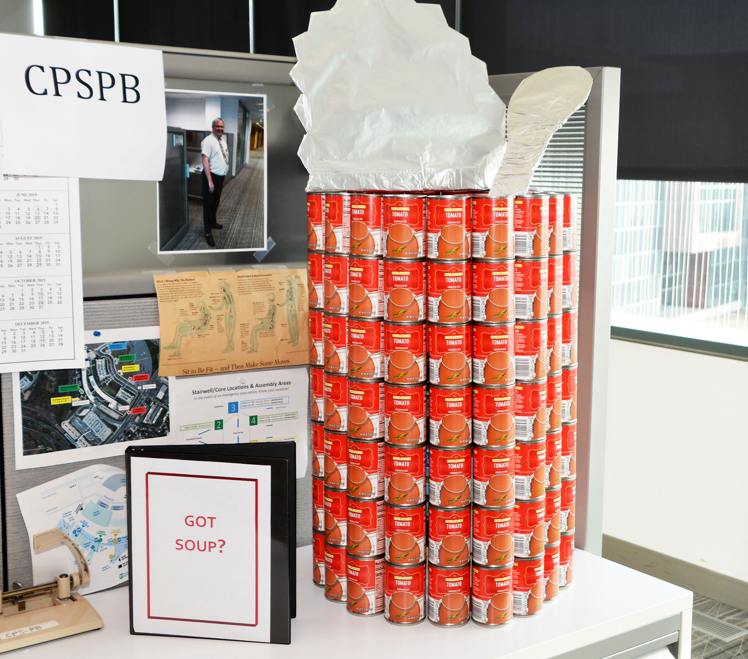 A tower of cans dressed like a turkey for the 2019 CFC CANstruction Food Drive at the Census Bureau