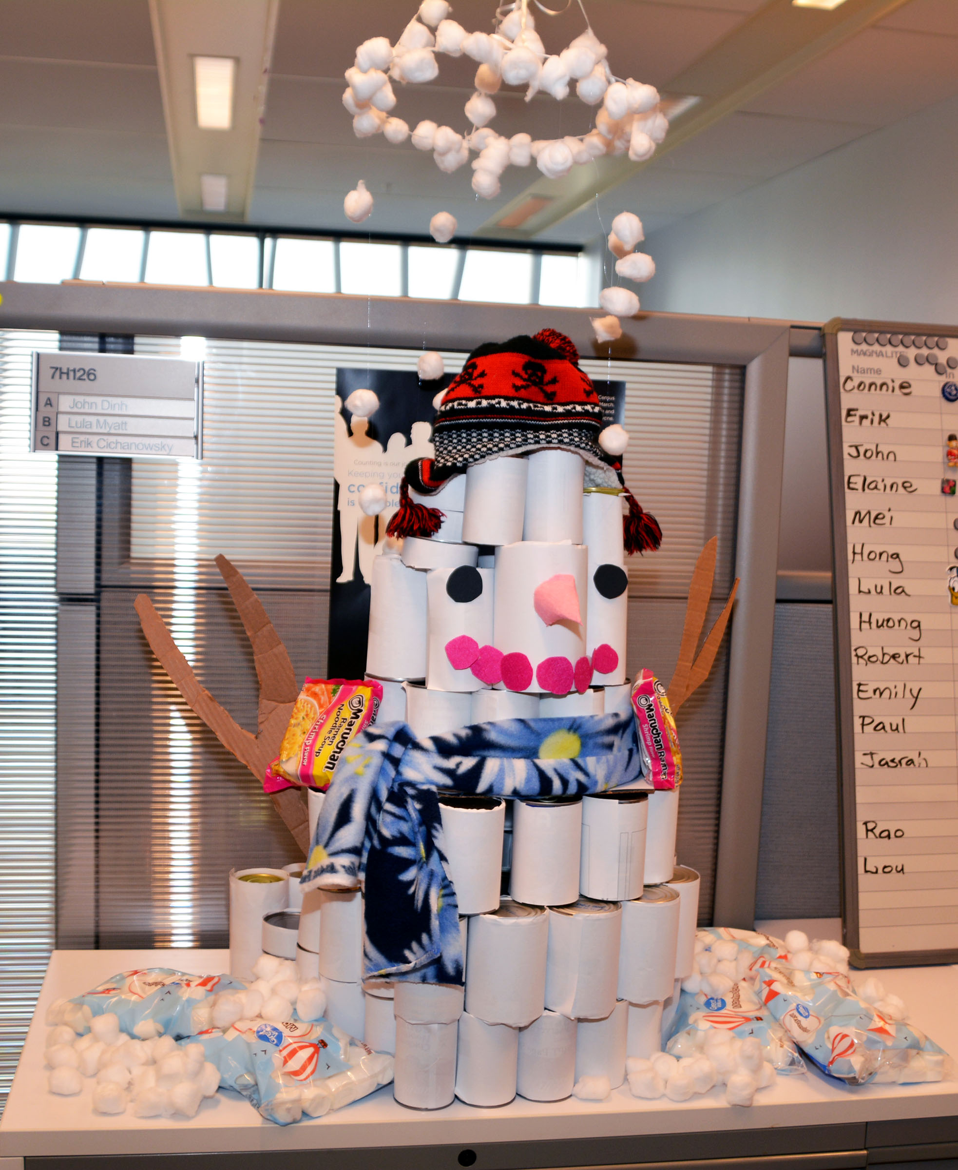 A tower of cans decorated like a snowman for the 2019 CFC CANstruction Food Drive at the Census Bureau